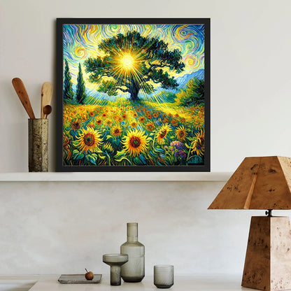 Landscape Painting Of Tree Of Life Sunflower Field - Full Round Drill Diamond Painting 40*40CM