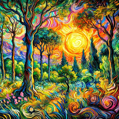 Landscape Painting Of Sunrise Forest - Full Round Drill Diamond Painting 40*40CM