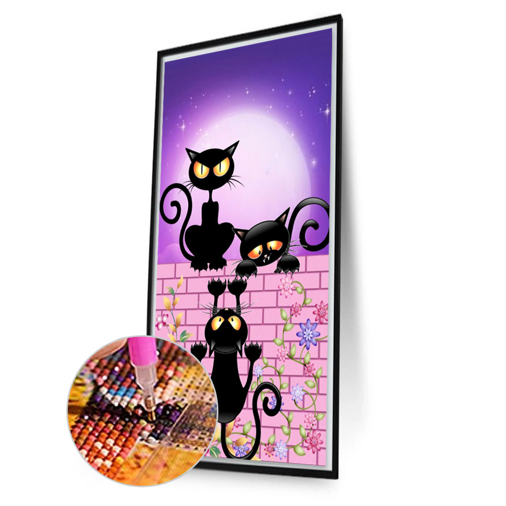 Little Black Cats On The Wall Under The Moon - Full AB Round Drill Diamond Painting 40*70CM