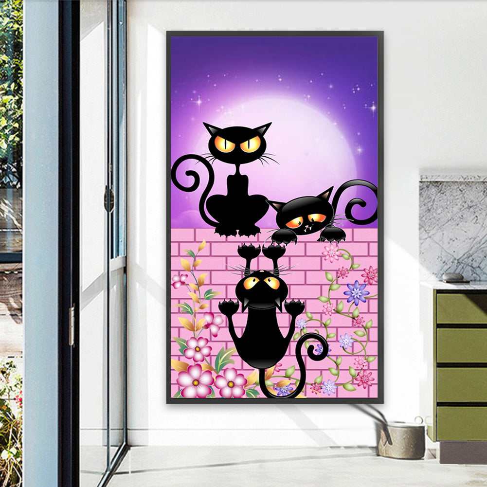 Little Black Cats On The Wall Under The Moon - Full AB Round Drill Diamond Painting 40*70CM