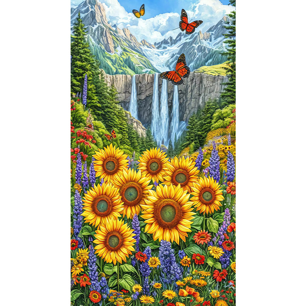 Waterfall And Flowers - Full Round Drill Diamond Painting 40*70CM