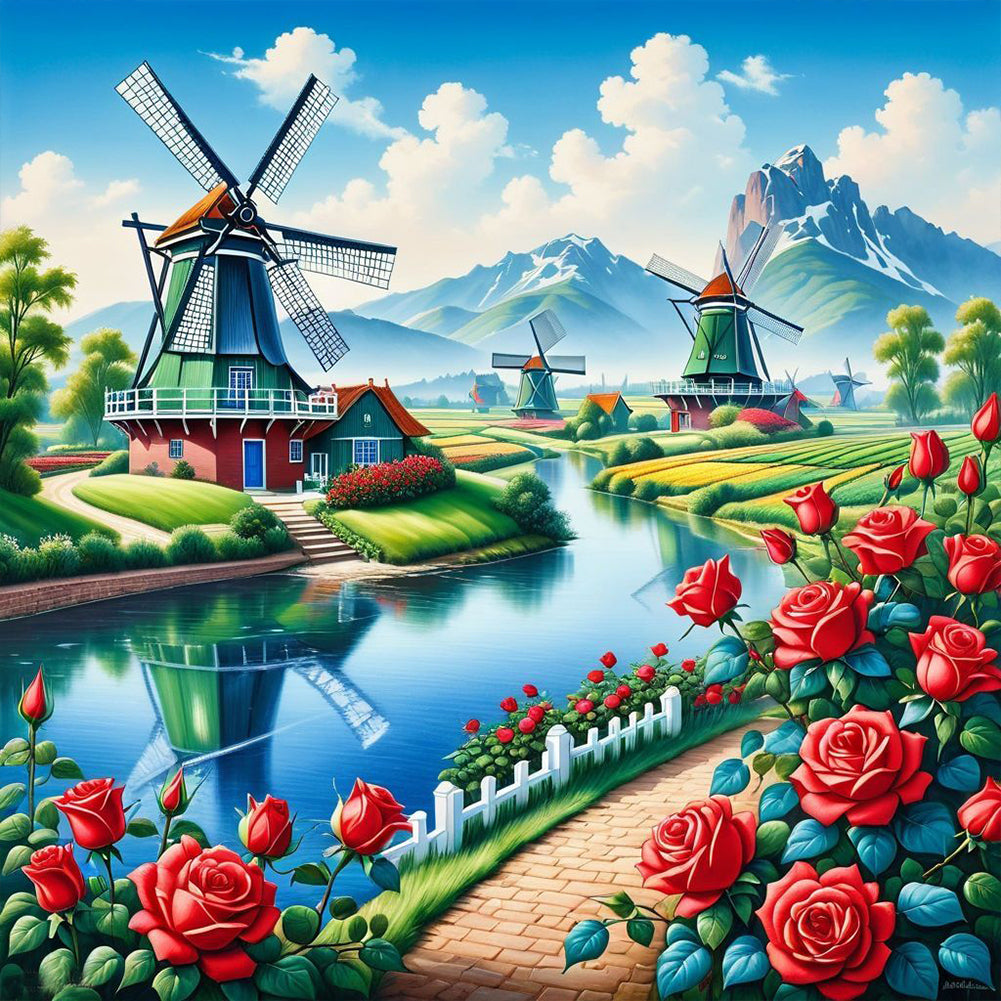 Windmill And Flowers - Full Round Drill Diamond Painting 50*50CM