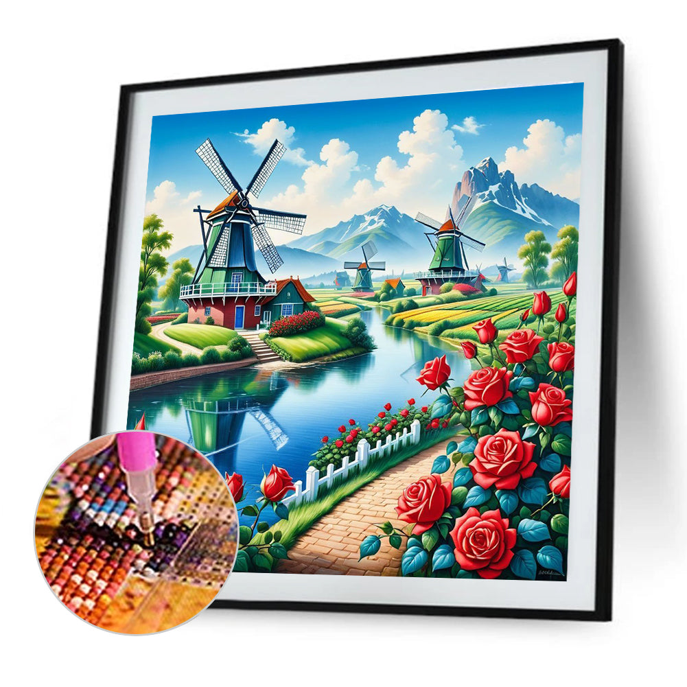 Windmill And Flowers - Full Round Drill Diamond Painting 50*50CM