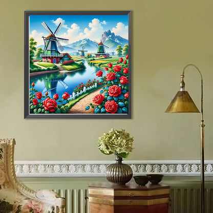 Windmill And Flowers - Full Round Drill Diamond Painting 50*50CM