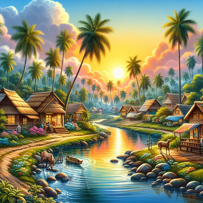 Cottages By The River - Full Round Drill Diamond Painting 50*50CM