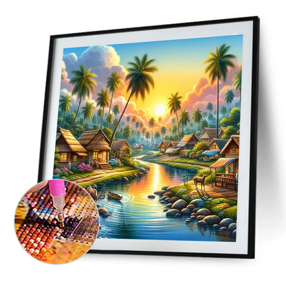 Cottages By The River - Full Round Drill Diamond Painting 50*50CM