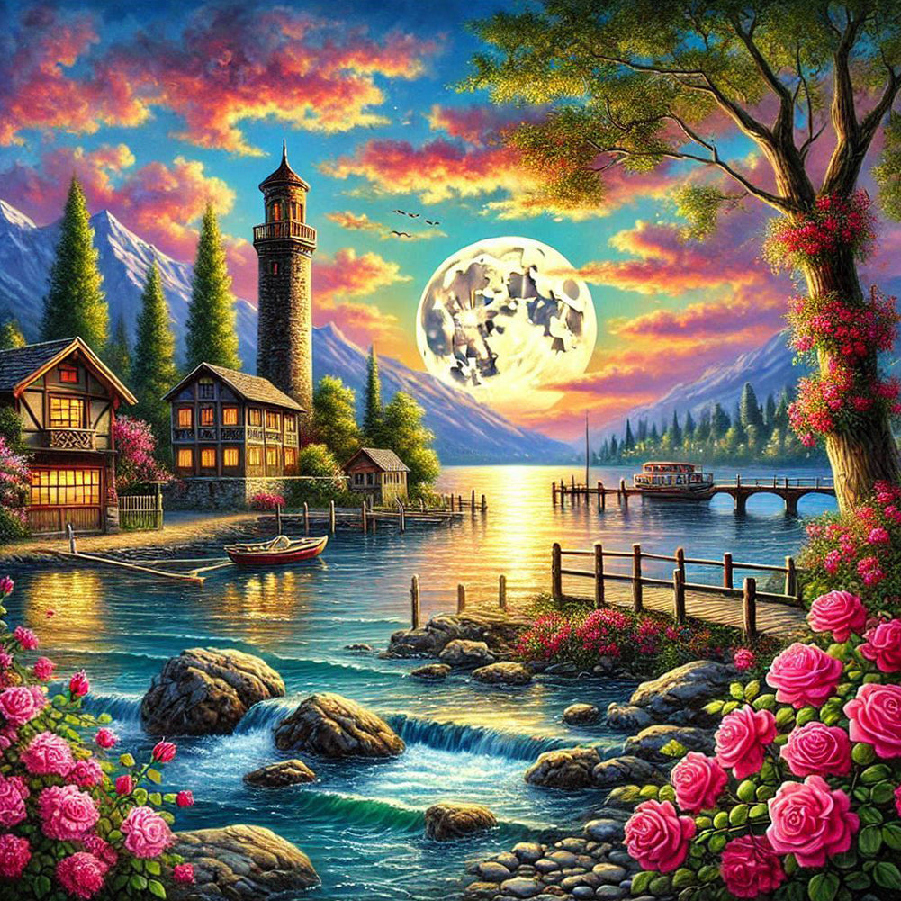 Cottages By The River Under The Moonlight - Full Round Drill Diamond Painting 50*50CM