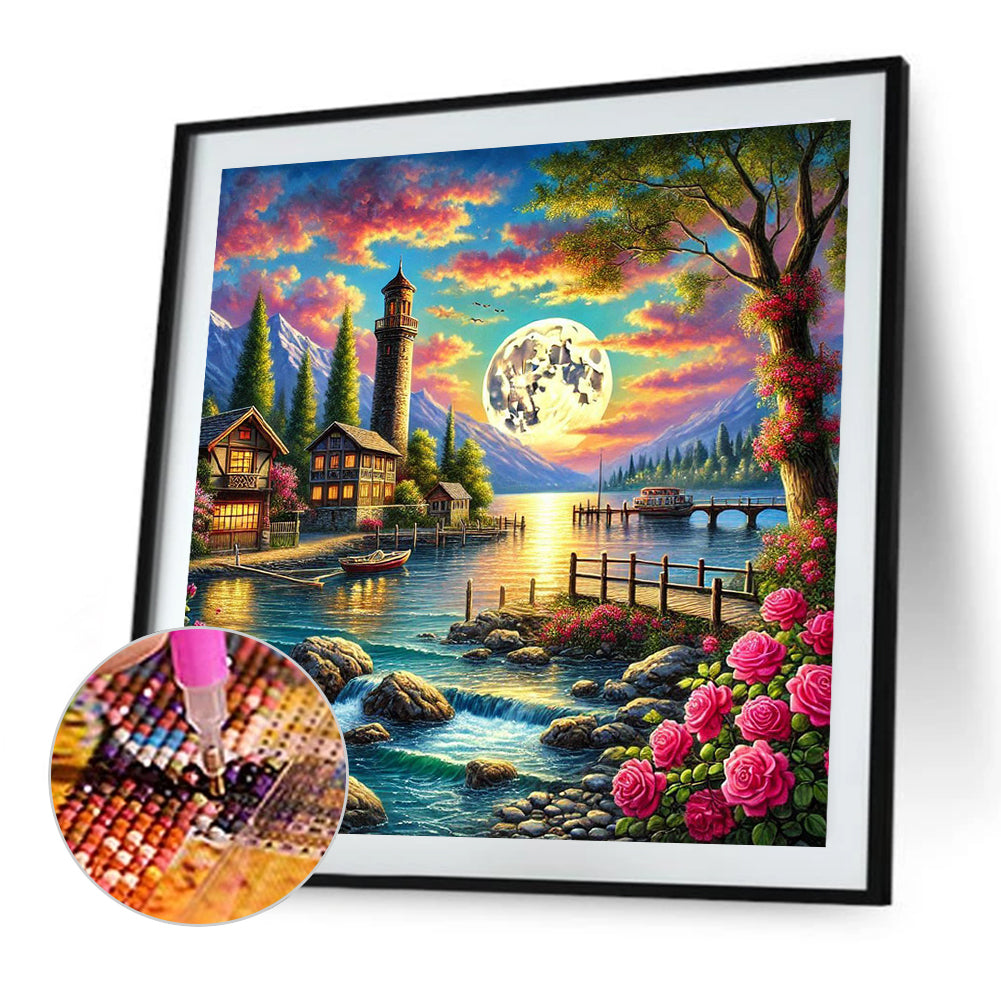 Cottages By The River Under The Moonlight - Full Round Drill Diamond Painting 50*50CM