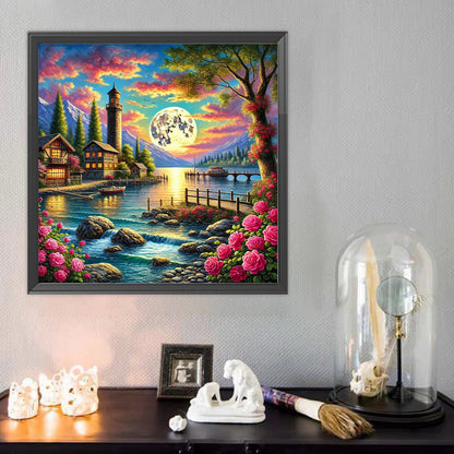 Cottages By The River Under The Moonlight - Full Round Drill Diamond Painting 50*50CM