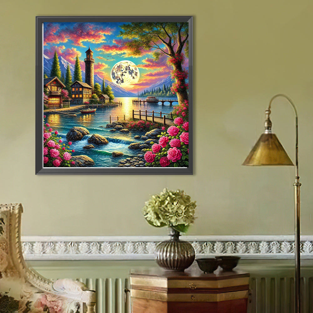 Cottages By The River Under The Moonlight - Full Round Drill Diamond Painting 50*50CM