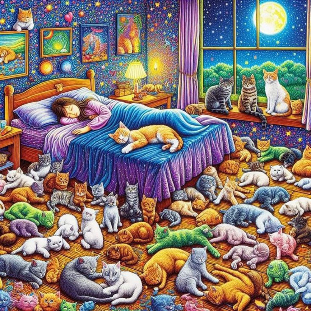Girl And Cats - Full Round Drill Diamond Painting 40*40CM