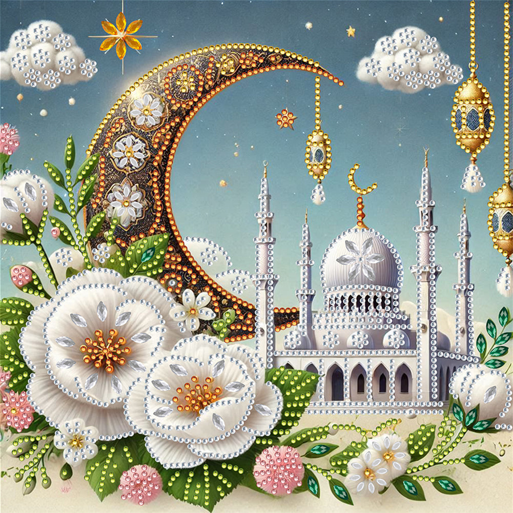 White Flower Crescent Castle - Special Shaped Drill Diamond Painting 30*30CM