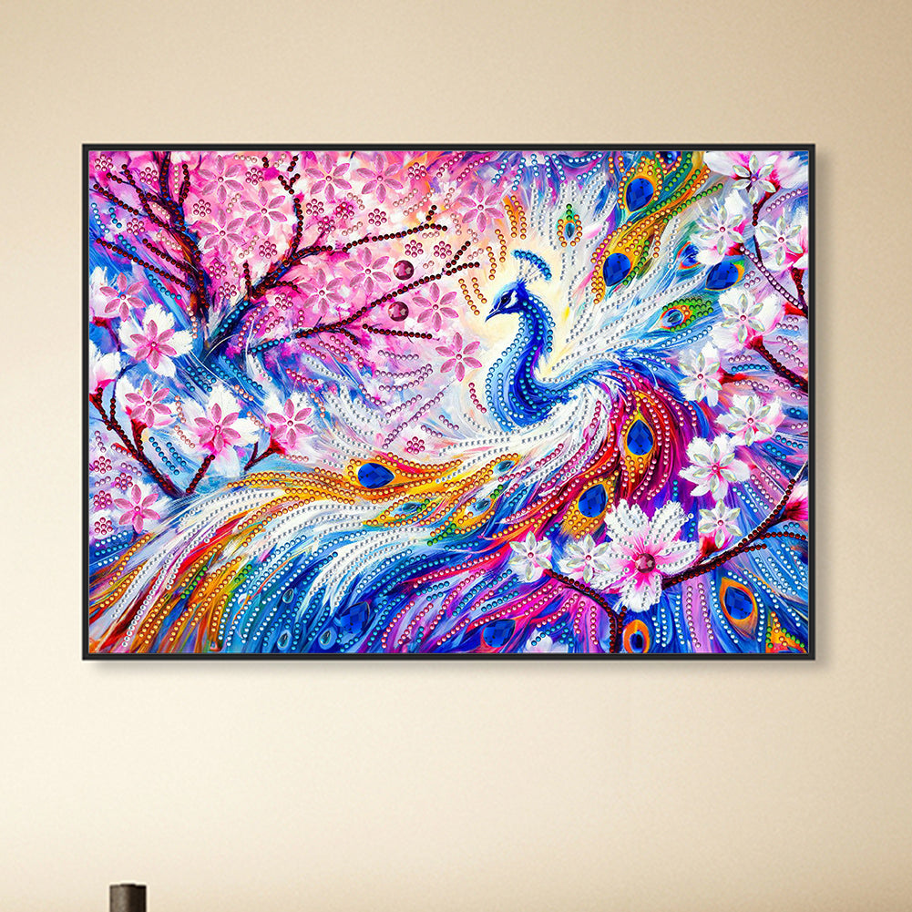 Pink Flower Tree Peacock - Special Shaped Drill Diamond Painting 40*30CM