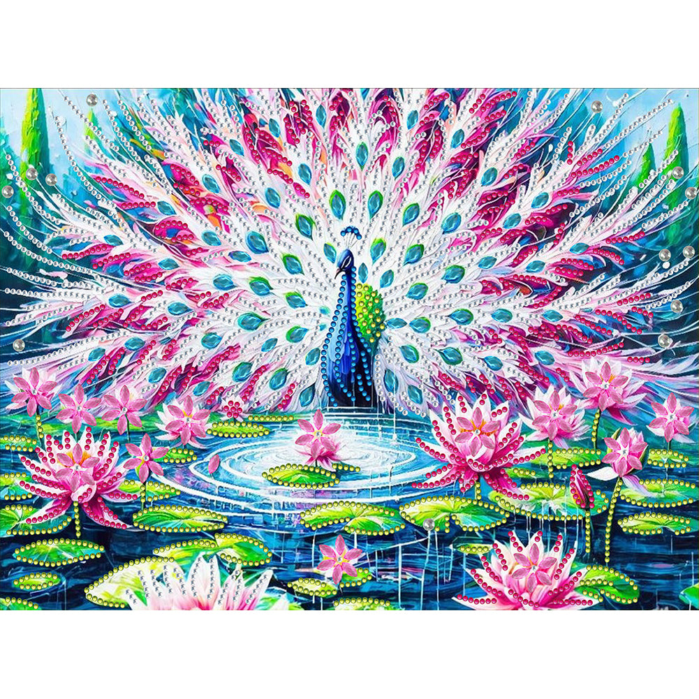 Lotus Pond Peacock - Special Shaped Drill Diamond Painting 40*30CM
