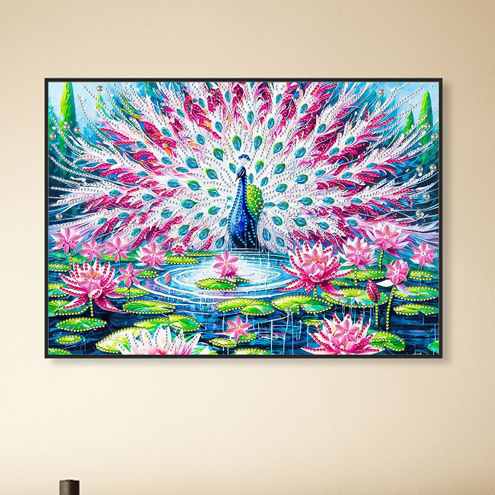 Lotus Pond Peacock - Special Shaped Drill Diamond Painting 40*30CM