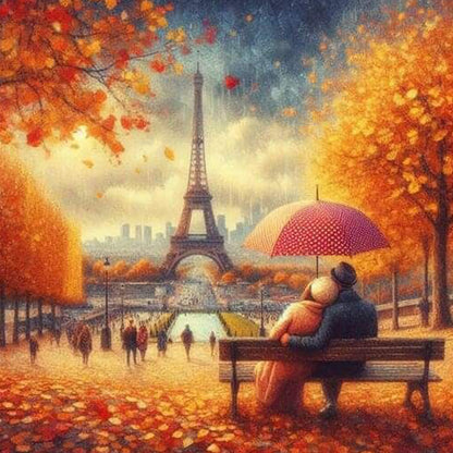 Autumn Leaves Under The Eiffel Tower - Full Round Drill Diamond Painting 40*40CM