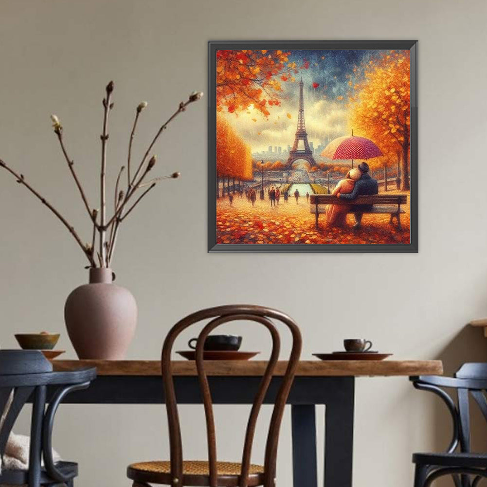 Autumn Leaves Under The Eiffel Tower - Full Round Drill Diamond Painting 40*40CM