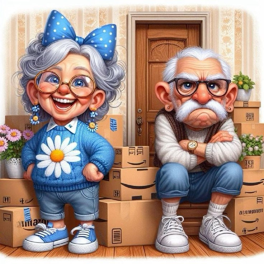 Happy Grandma And Angry Grandpa - Full Round Drill Diamond Painting 40*40CM