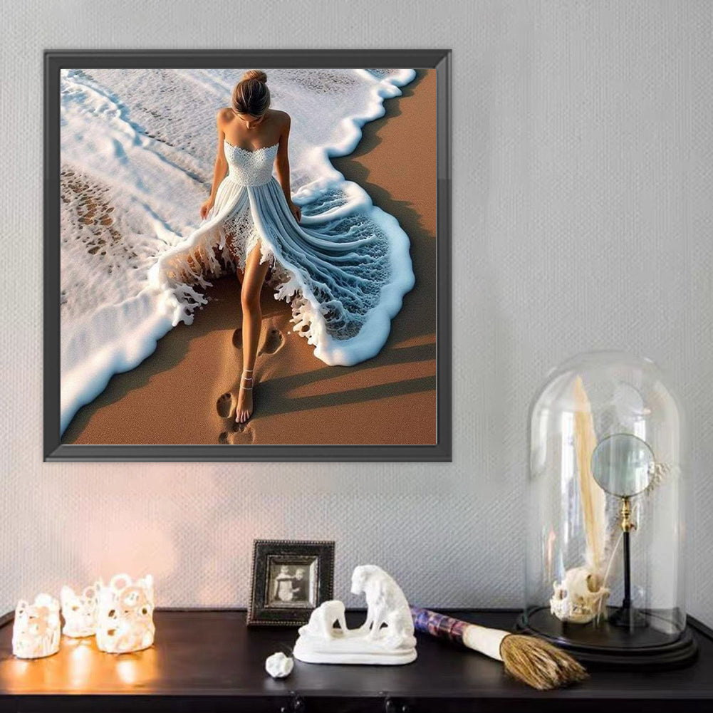 Girl In Wave Skirt - Full Round Drill Diamond Painting 40*40CM