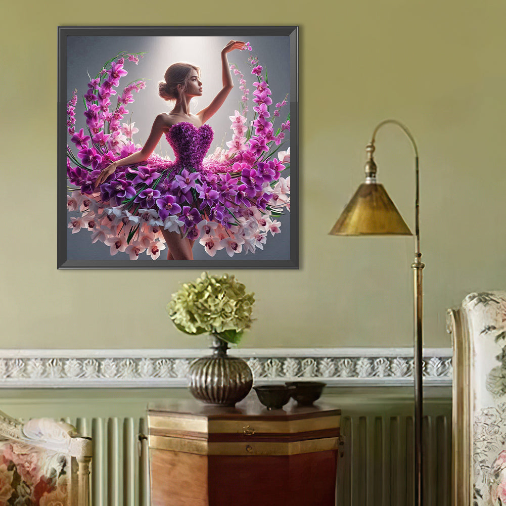 Girl With Flower Skirt - Full Round Drill Diamond Painting 40*40CM