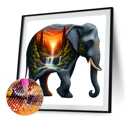 Elephant And Waterfall - Full Round Drill Diamond Painting 30*30CM