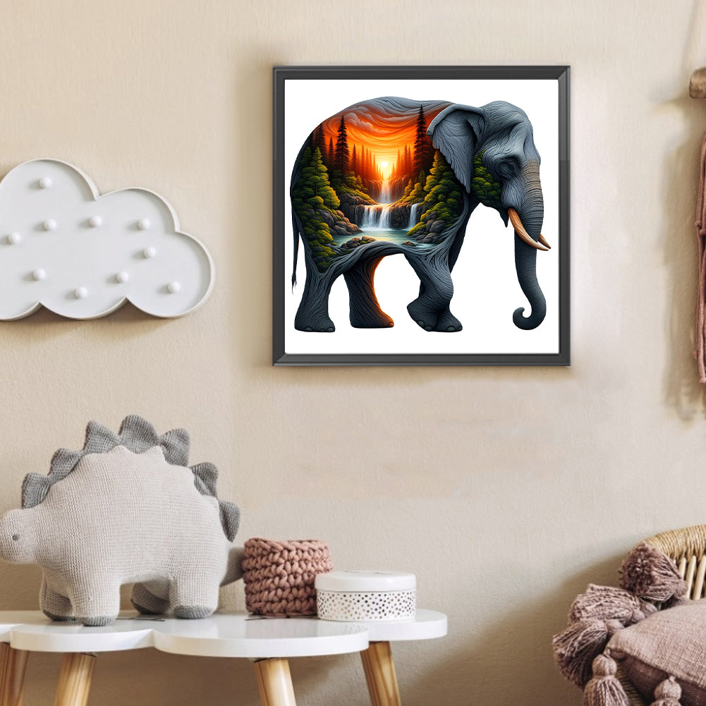 Elephant And Waterfall - Full Round Drill Diamond Painting 30*30CM
