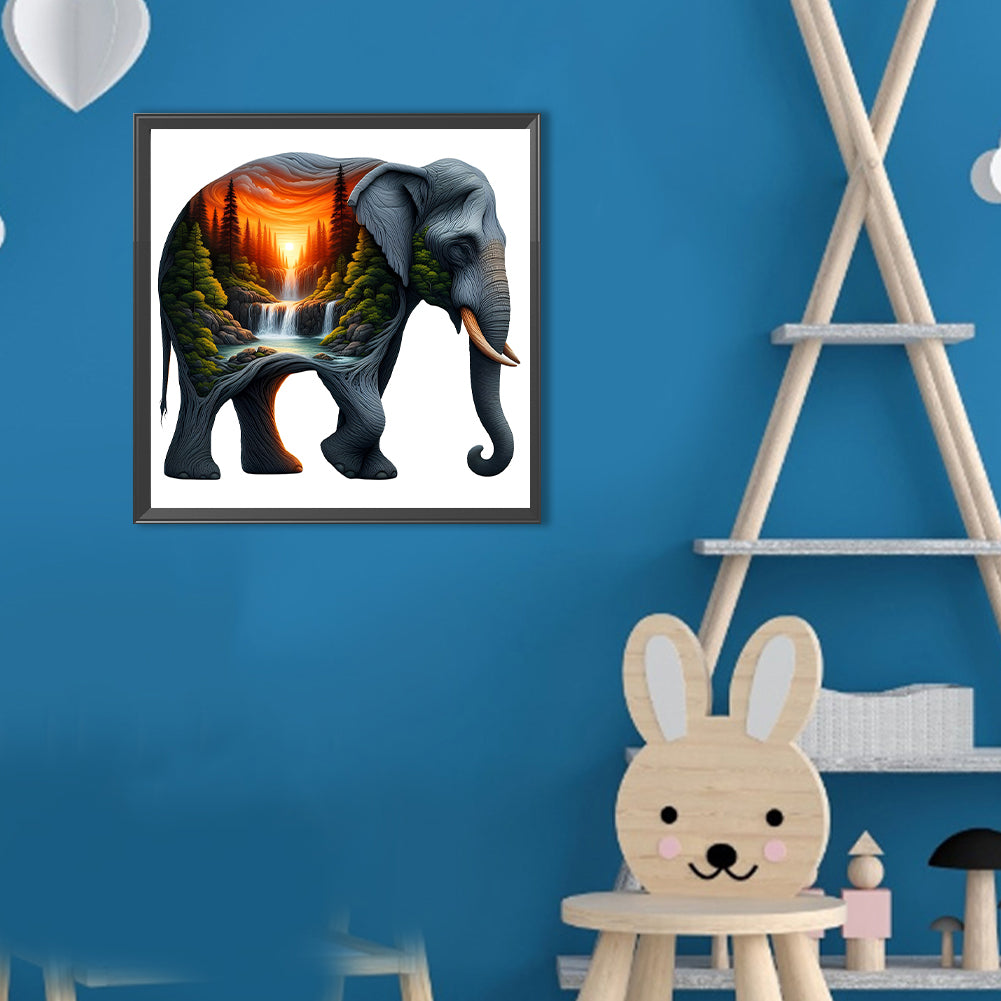 Elephant And Waterfall - Full Round Drill Diamond Painting 30*30CM