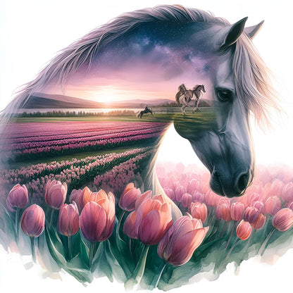 Horse And Tulip - Full Round Drill Diamond Painting 30*30CM