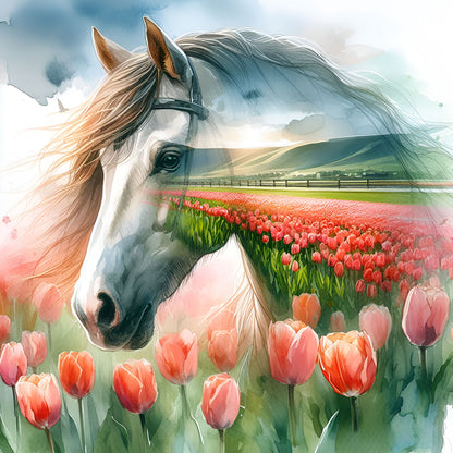 Horse And Tulip Flower Sea - Full Round Drill Diamond Painting 30*30CM