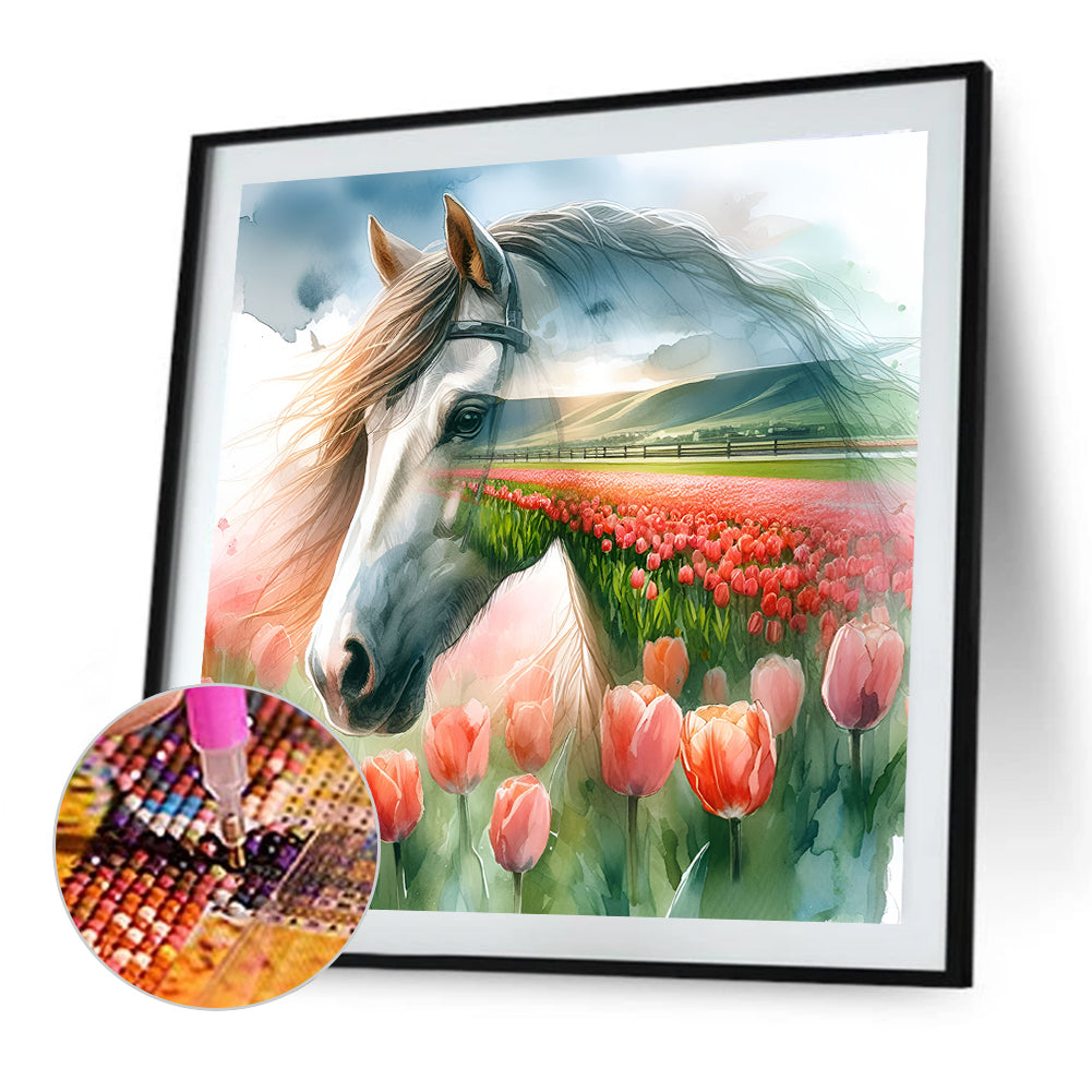 Horse And Tulip Flower Sea - Full Round Drill Diamond Painting 30*30CM