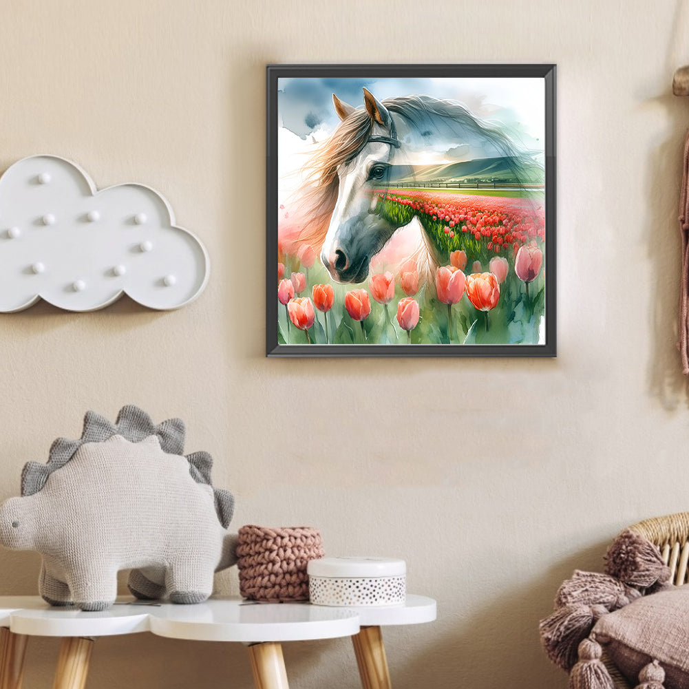 Horse And Tulip Flower Sea - Full Round Drill Diamond Painting 30*30CM