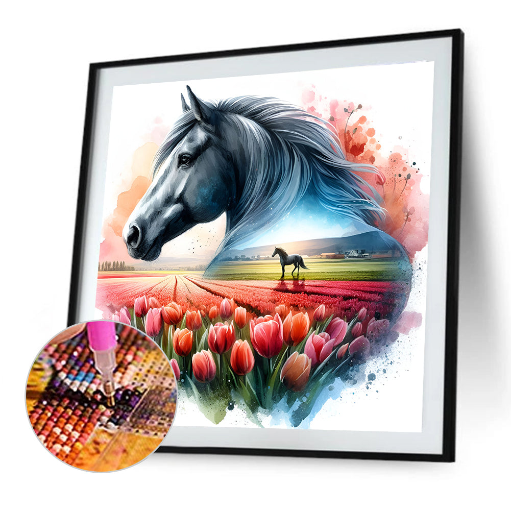 Horse And Tulip - Full Round Drill Diamond Painting 30*30CM