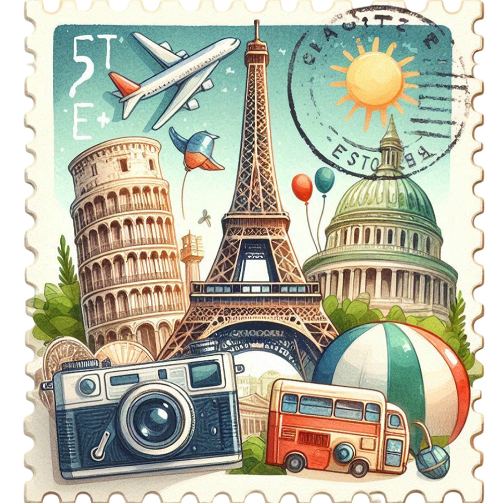 Famous Buildings With Stamp Feeling - Full Round Drill Diamond Painting 30*30CM
