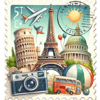 Famous Buildings With Stamp Feeling - Full Round Drill Diamond Painting 30*30CM