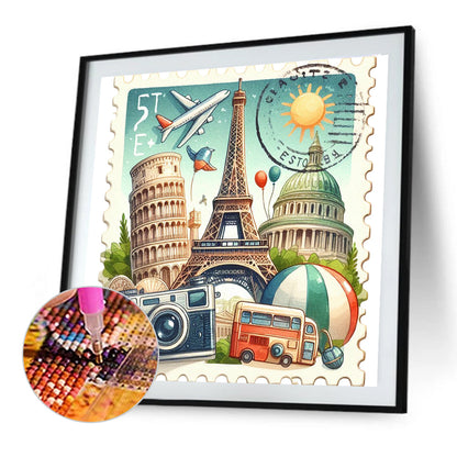 Famous Buildings With Stamp Feeling - Full Round Drill Diamond Painting 30*30CM