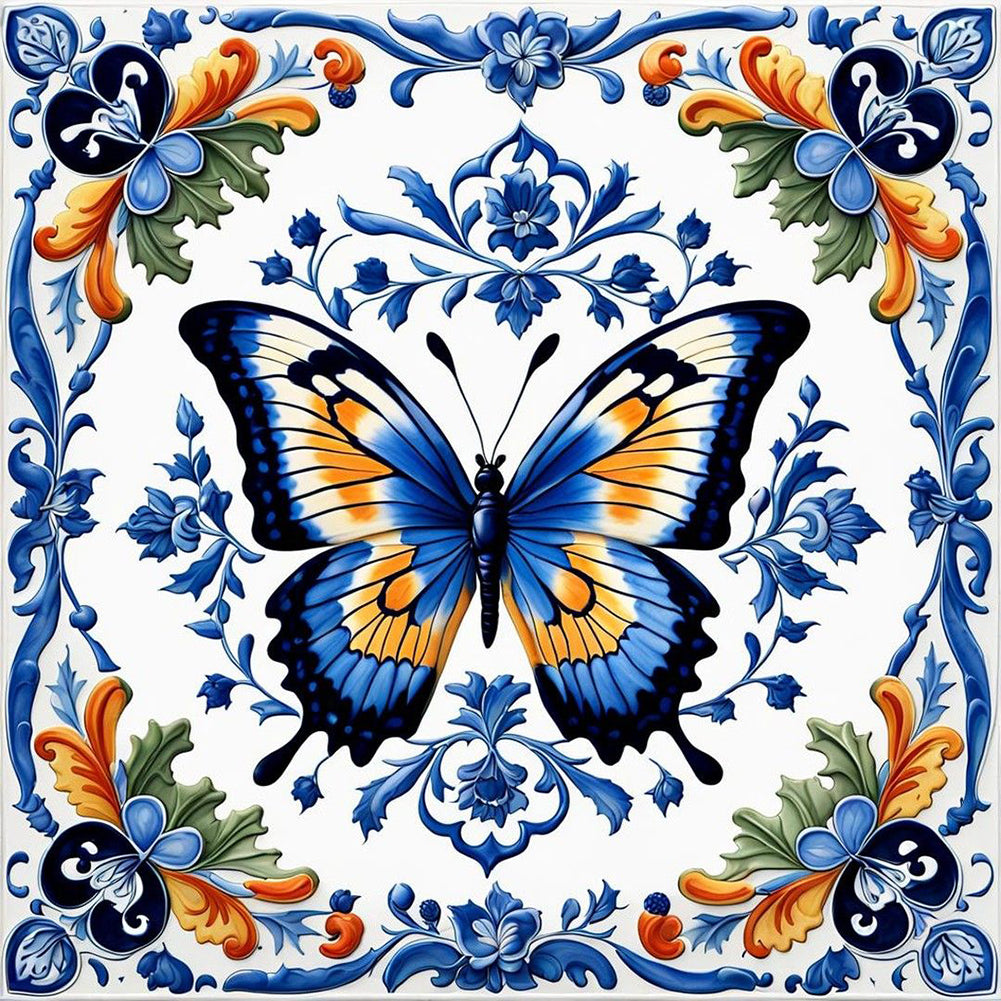 Blue And White Porcelain Style Butterfly - Full Round Drill Diamond Painting 40*40CM