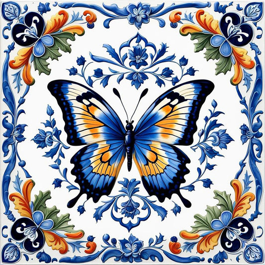 Blue And White Porcelain Style Butterfly - Full Round Drill Diamond Painting 40*40CM
