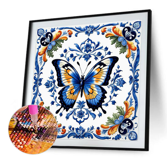 Blue And White Porcelain Style Butterfly - Full Round Drill Diamond Painting 40*40CM