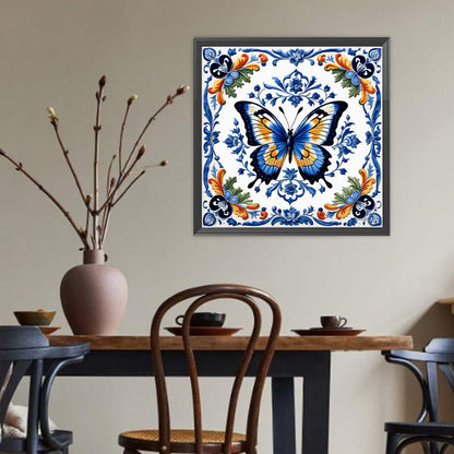 Blue And White Porcelain Style Butterfly - Full Round Drill Diamond Painting 40*40CM