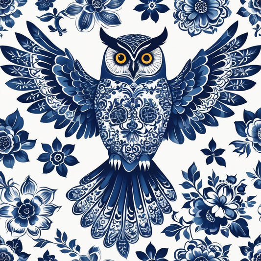 Blue And White Porcelain Style Owl - Full Round Drill Diamond Painting 40*40CM