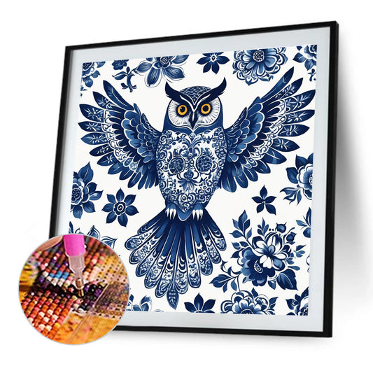 Blue And White Porcelain Style Owl - Full Round Drill Diamond Painting 40*40CM
