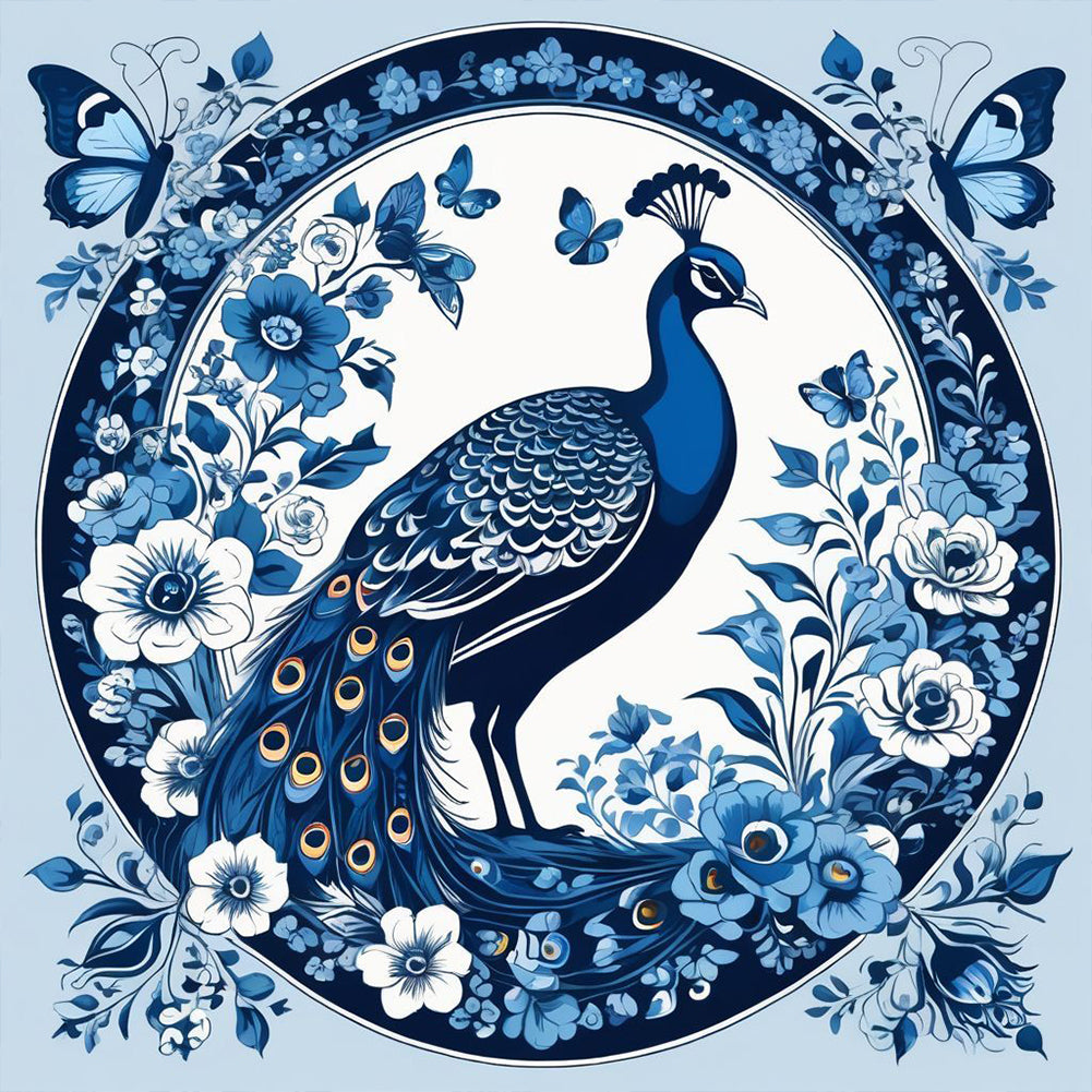 Blue And White Porcelain Style Peacock - Full Round Drill Diamond Painting 40*40CM
