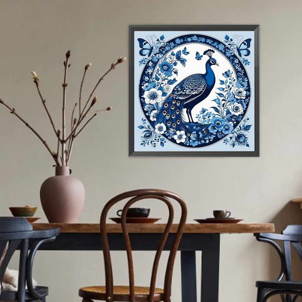 Blue And White Porcelain Style Peacock - Full Round Drill Diamond Painting 40*40CM