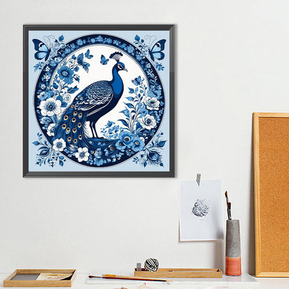 Blue And White Porcelain Style Peacock - Full Round Drill Diamond Painting 40*40CM