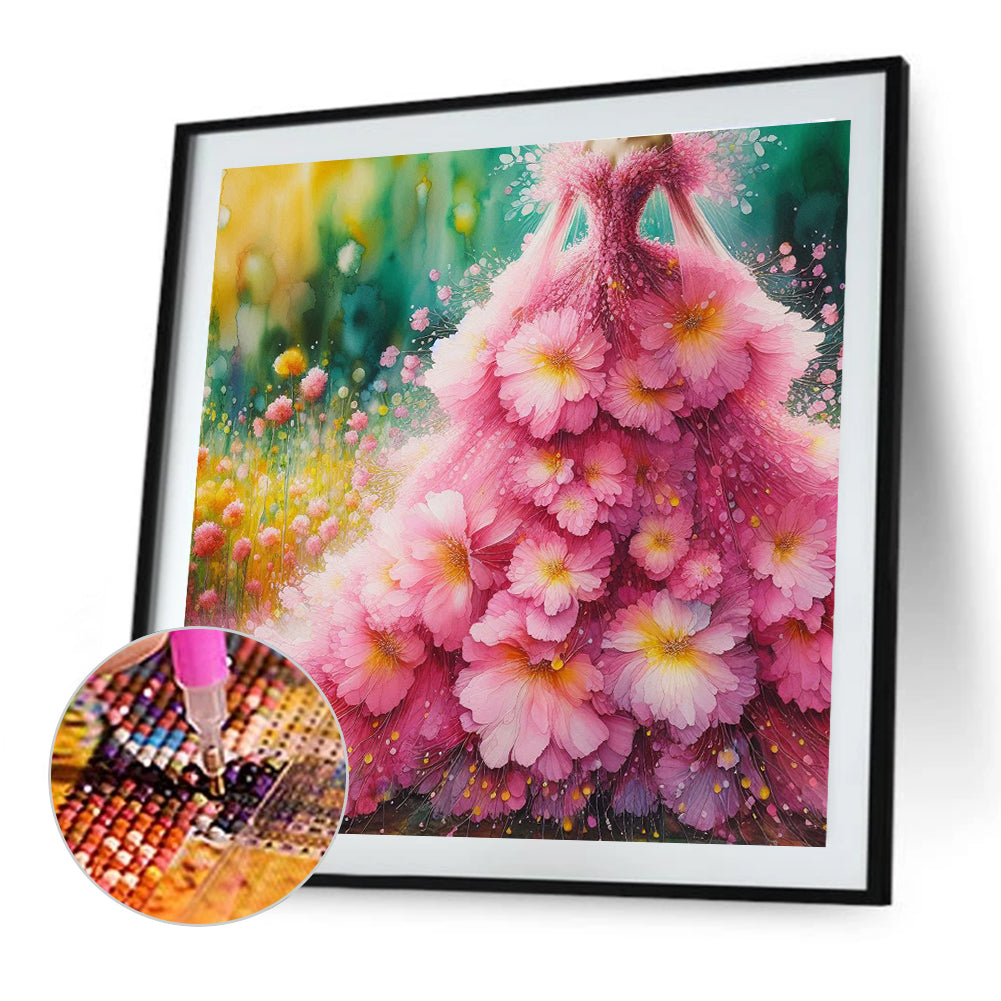 Pink Flower Skirt - Full Round Drill Diamond Painting 30*30CM