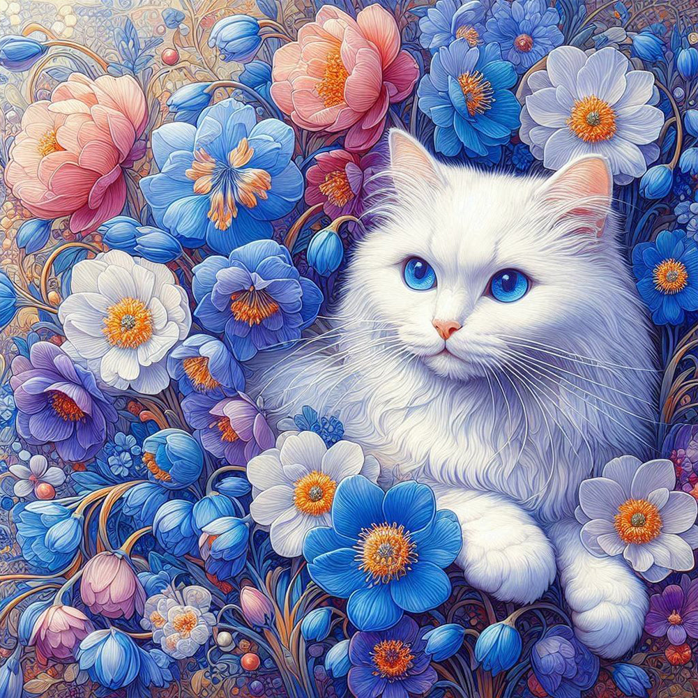 White Cat In Flowers - Full Round Drill Diamond Painting 30*30CM