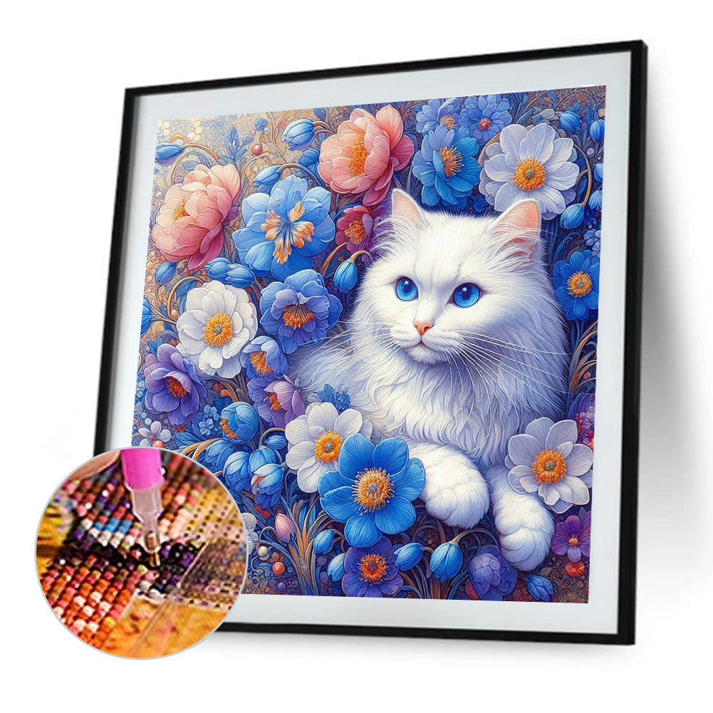 White Cat In Flowers - Full Round Drill Diamond Painting 30*30CM