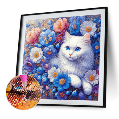 White Cat In Flowers - Full Round Drill Diamond Painting 30*30CM