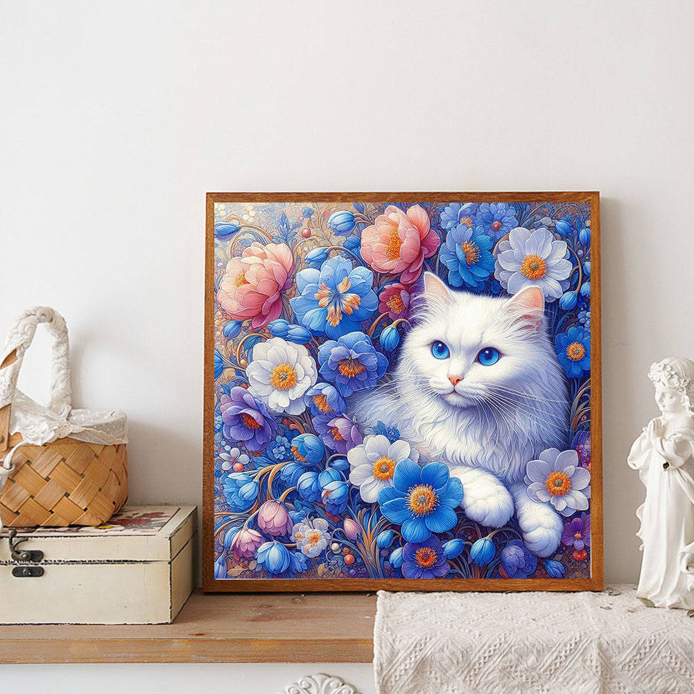 White Cat In Flowers - Full Round Drill Diamond Painting 30*30CM