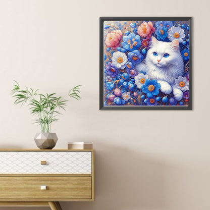 White Cat In Flowers - Full Round Drill Diamond Painting 30*30CM